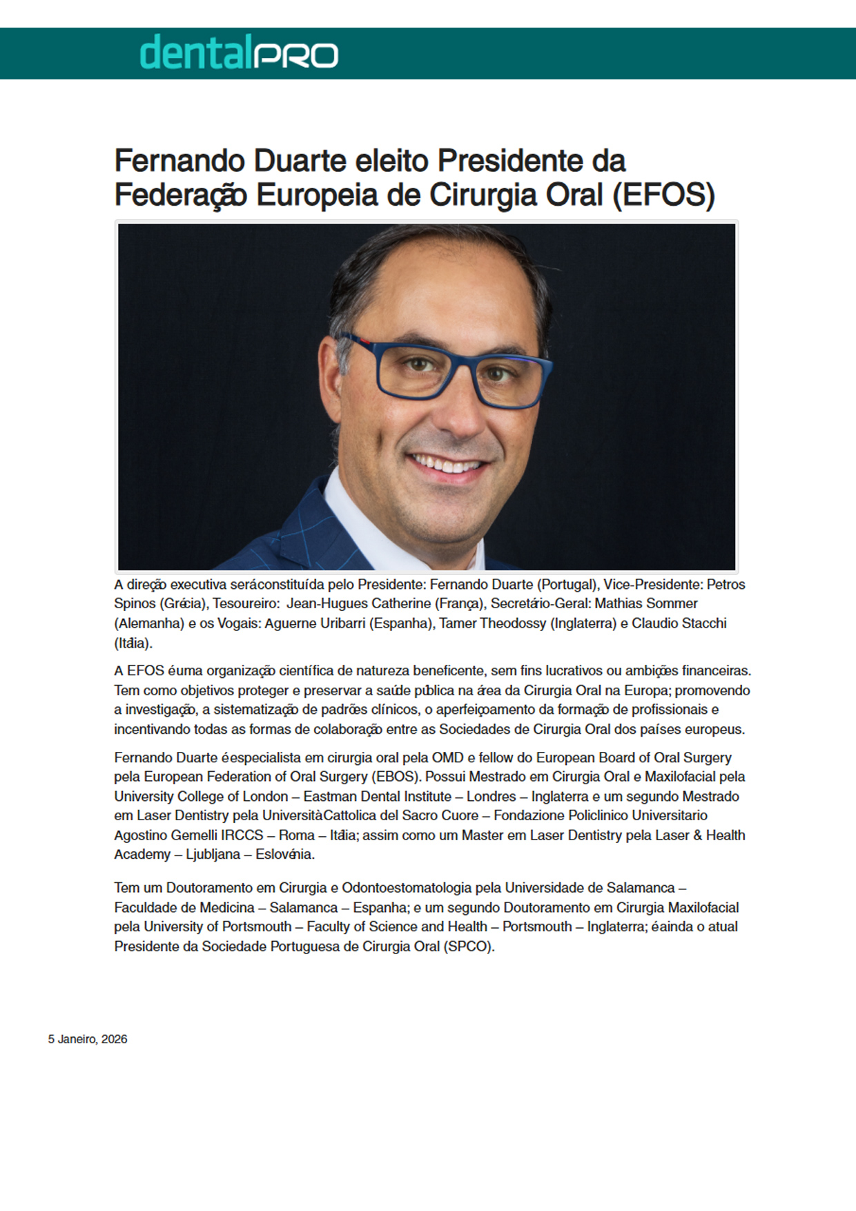 Fernando Duarte eleito Presidente da Federação Europeia de Cirurgia Oral (EFOS)