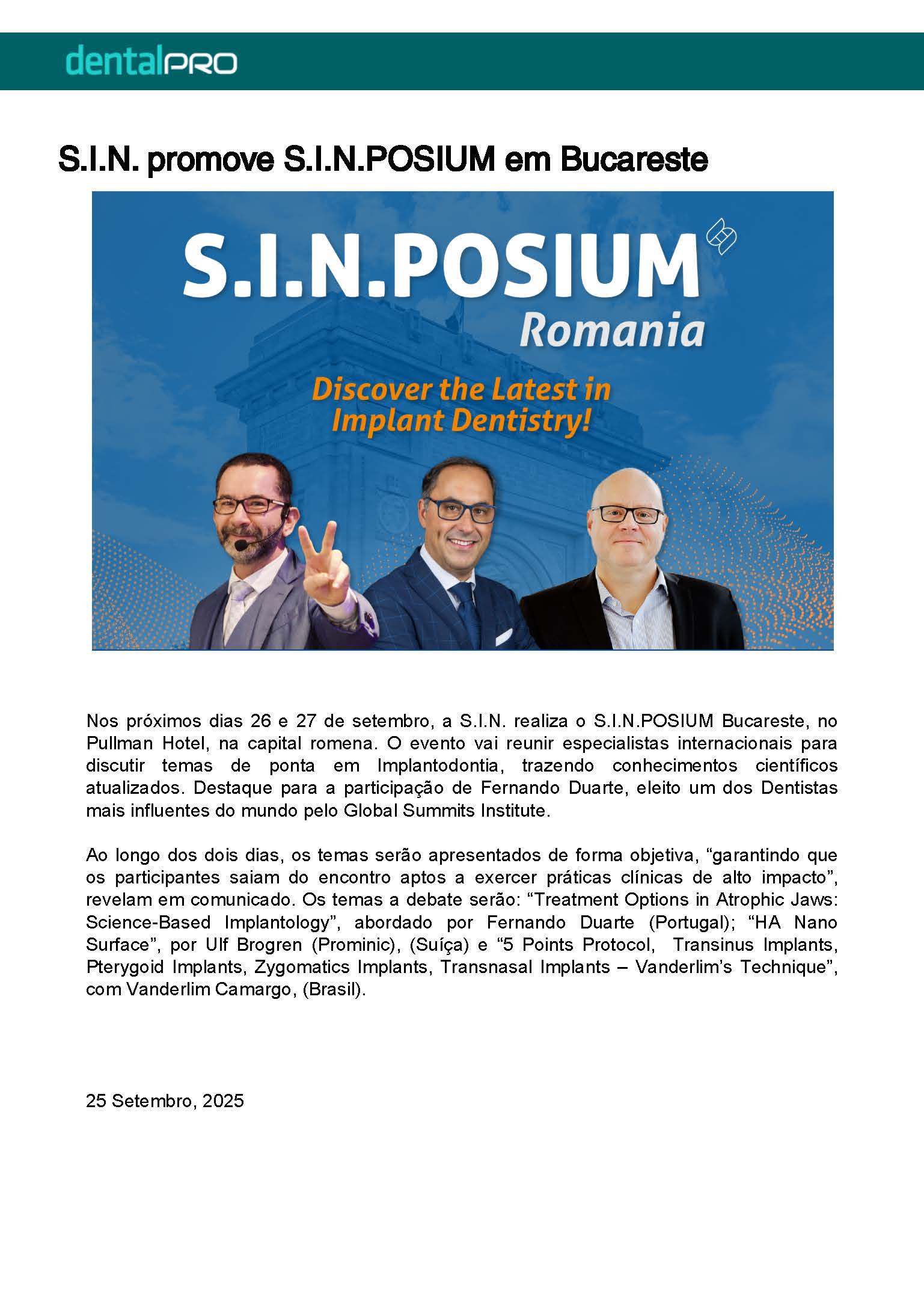 S.I.N. promove S.I.N.POSIUM em Bucareste _ DentalPro